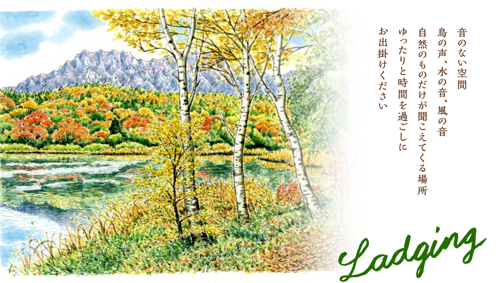 音のない空間　鳥の声、水の音、風の音　自然のものだけが聞こえてくる場所　ゆったりと時間を過ごしにお出掛けください